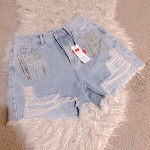 Cider Crystal Fringe Distressed Denim Shorts